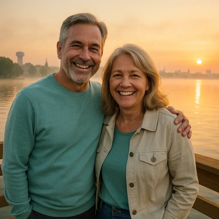 Senior couple with local advisor by Lake Norman pier in Iredell County, view toward Statesville and Mooresville