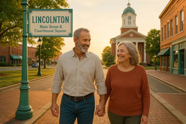 “Senior couple in Lincolnton near the Court Square, smiling with Lake Norman in the distance”