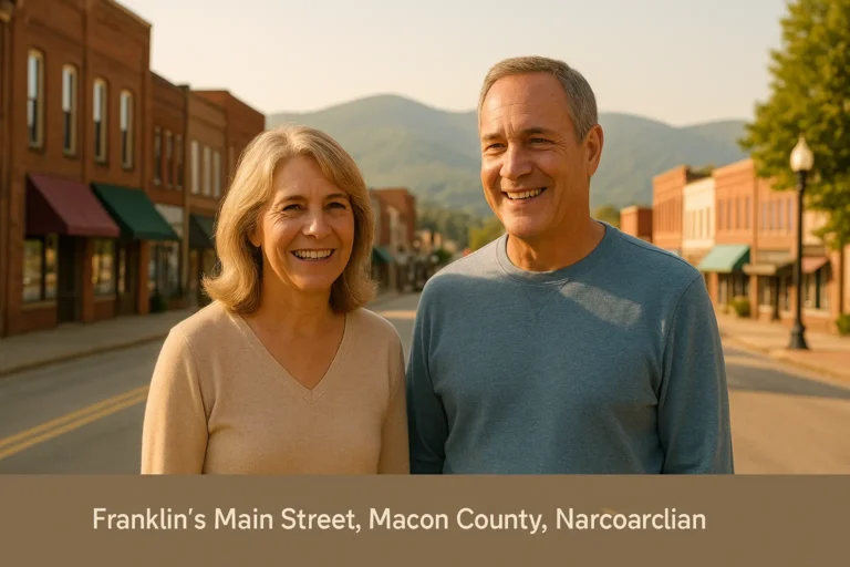 Senior couple with local advisor on Franklin Main Street, Blue Ridge backdrop