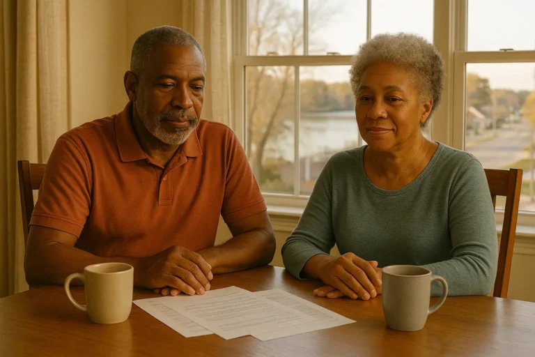 Local insurance agent talking with a senior couple in Williamston NC near the Roanoke River