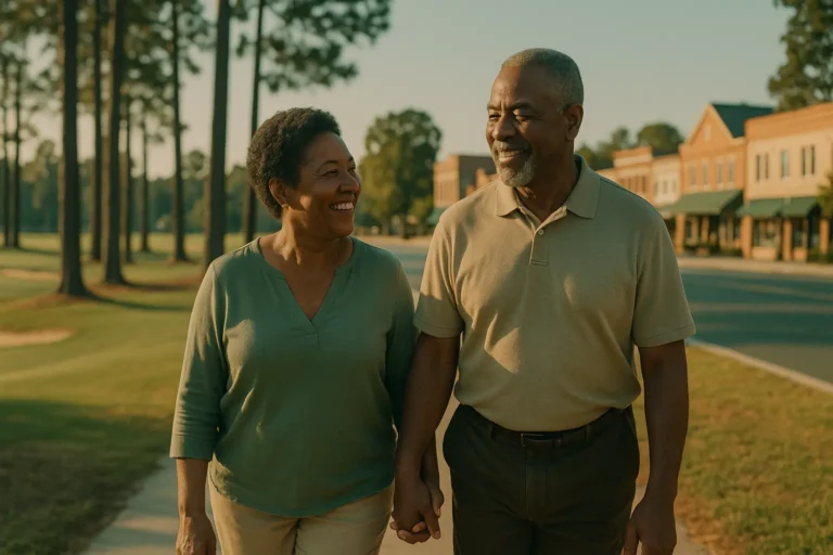 Senior couple walking near Pinehurst golf course in Moore County NC discussing final expense plans