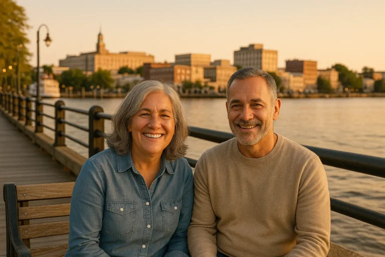 Senior couple with local insurance agent overlooking Wilmington Riverwalk and Cape Fear River