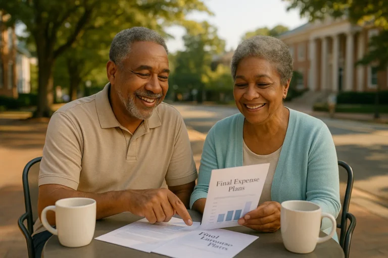 Senior couple in Orange County NC talking with local insurance advisor near Franklin Street Chapel Hill