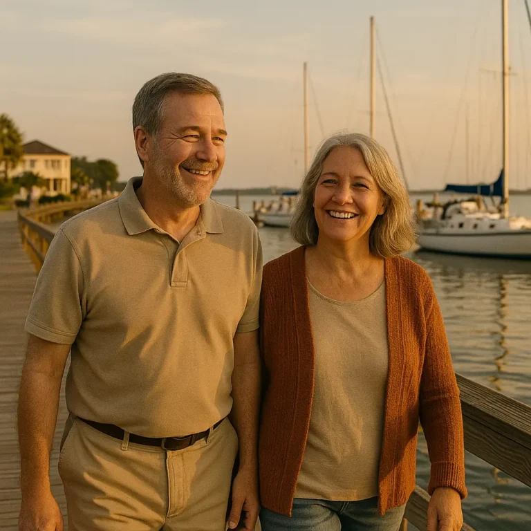 Seniors walking by Oriental waterfront with Minnesott Beach ferry in distance
