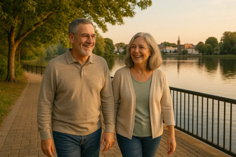 Senior couple walking by the Perquimans River near Missing Mill Park in Hertford, NC