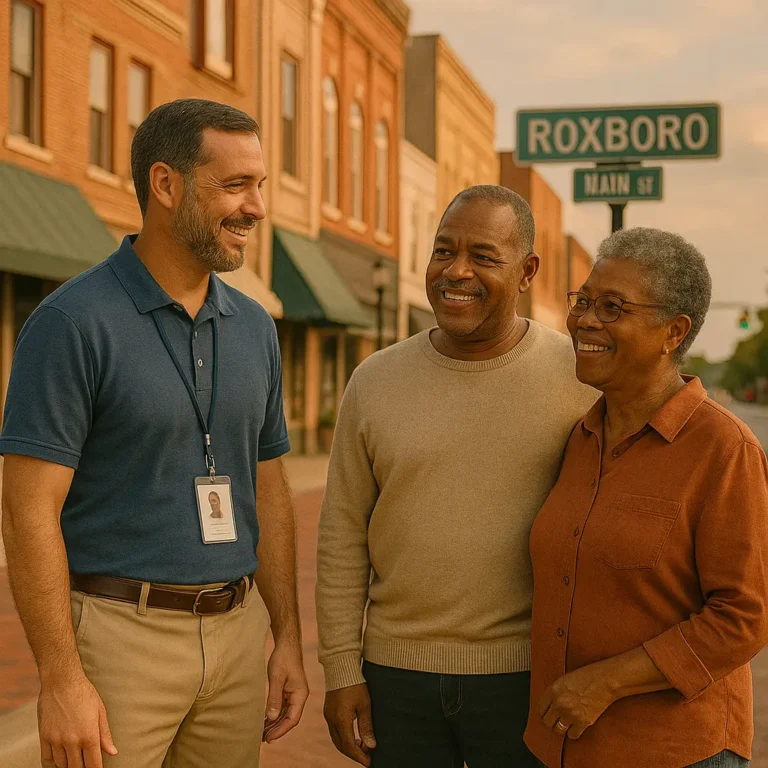 Senior couple meeting with local insurance advisor in downtown Roxboro, NC, to discuss final expense coverage.