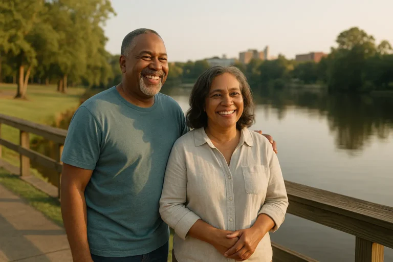 Final expense advisor with senior couple at Greenville Town Common overlooking the Tar River