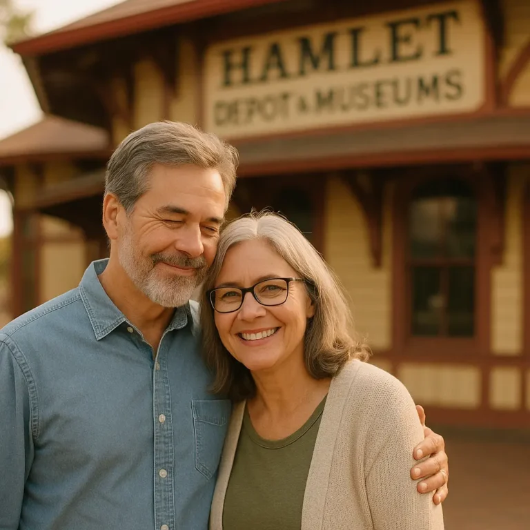 Senior couple with local advisor at Hamlet Depot Museum discussing final expense plans