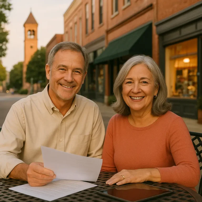 Local insurance agent talking with Rowan County senior couple in downtown Salisbury about final expense plans