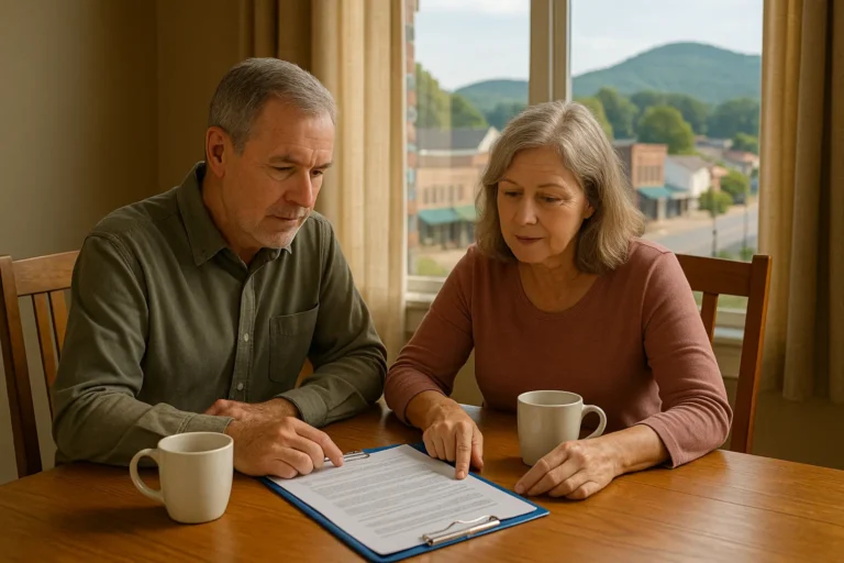 Local insurance advisor talking with senior couple in Albemarle, NC with view of downtown and Morrow Mountain in the background