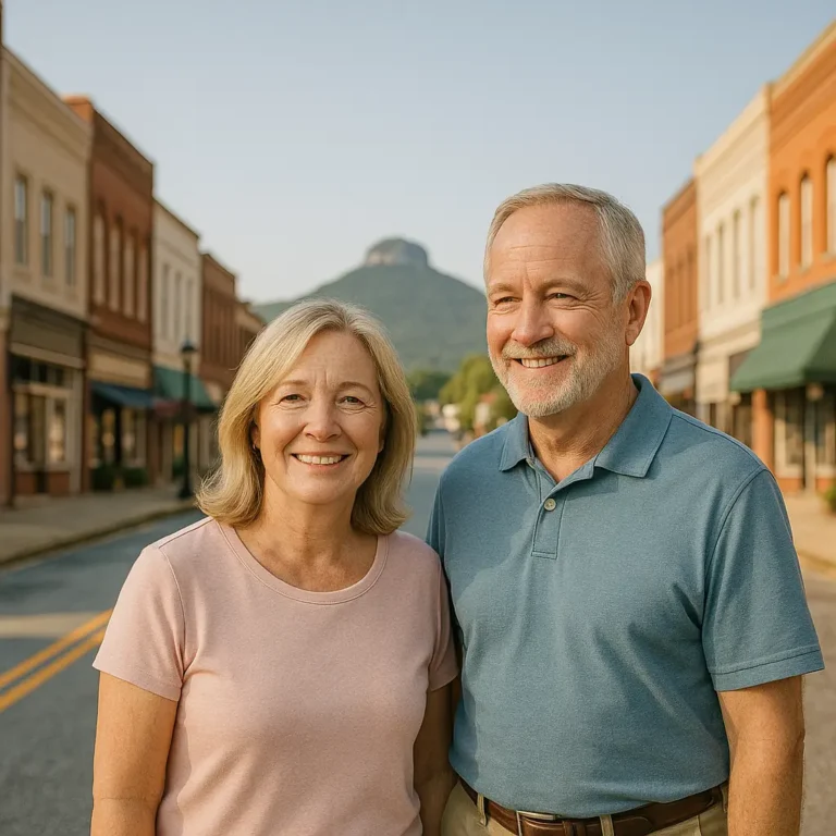Senior couple with local advisor near Mount Airy Main Street and Pilot Mountain in background