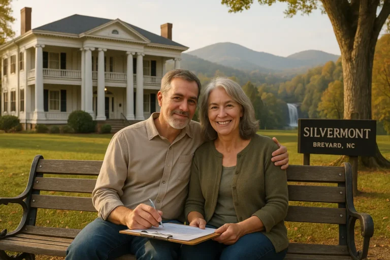 Seniors in Brevard near Silvermont Mansion discussing final expense plans with Pisgah National Forest backdrop