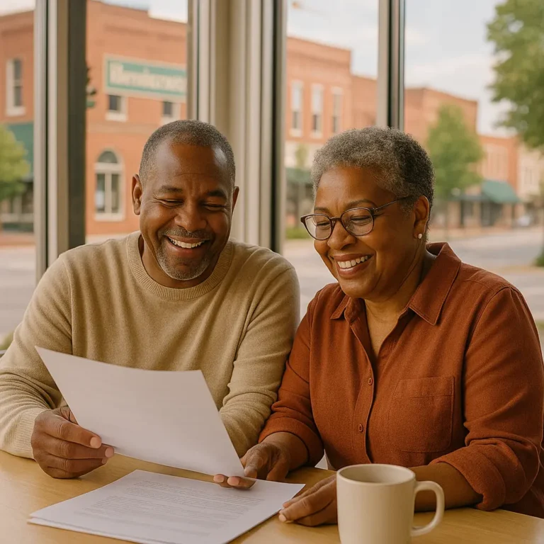 Local insurance advisor talking with senior couple in Henderson, NC about final expense plans, with downtown Henderson in the background
