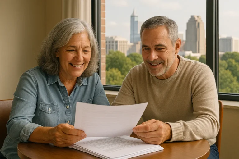 Senior couple in Raleigh looking over final expense insurance options with local advisor, with Raleigh skyline in background.
