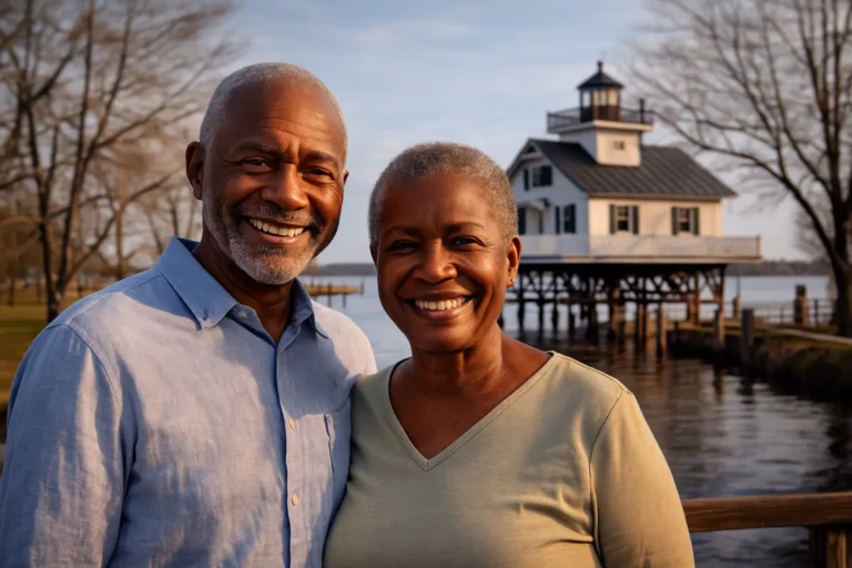 Advisor speaking with senior couple by Plymouth waterfront near Roanoke River Lighthouse replica in Washington County, NC