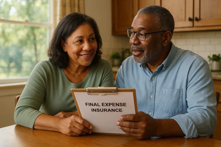 Smiling senior couple with local insurance agent near Herman Park in Goldsboro, North Carolina