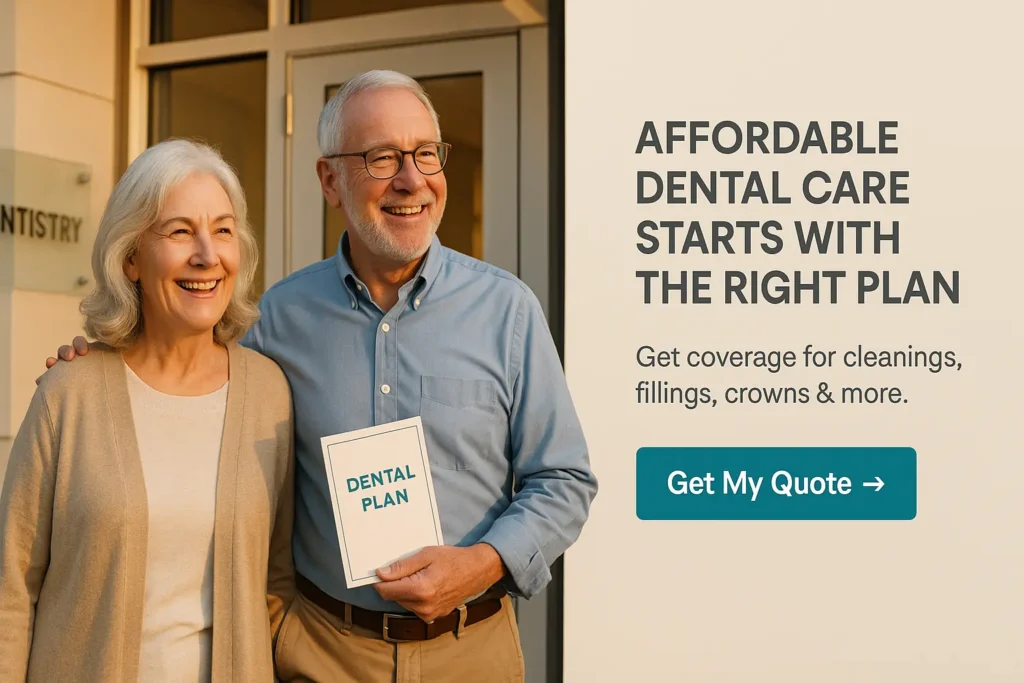 Senior couple leaving a dental office smiling with text overlay for affordable dental coverage in DVH insurance plans.