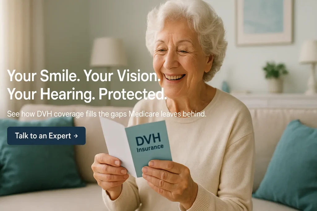 Senior woman reading a DVH Insurance brochure at home with text overlay promoting dental, vision, and hearing protection.
