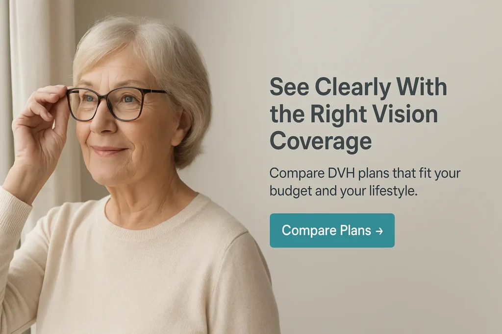 Senior woman adjusting eyeglasses near a window with text overlay for vision benefits in 2025 DVH insurance plans.