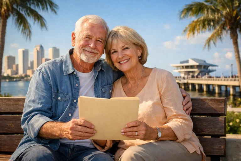 Florida seniors in Tampa Bay learning about final expense burial insurance near the Tampa skyline and St. Pete Pier