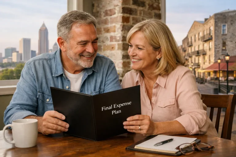 Senior couple in Georgia getting final expense help with Atlanta and Savannah landmarks