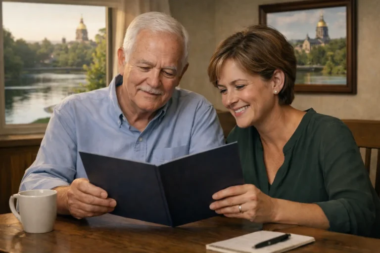Senior couple in Indiana with Notre Dame and riverfront hints, planning final expense coverage calmly.