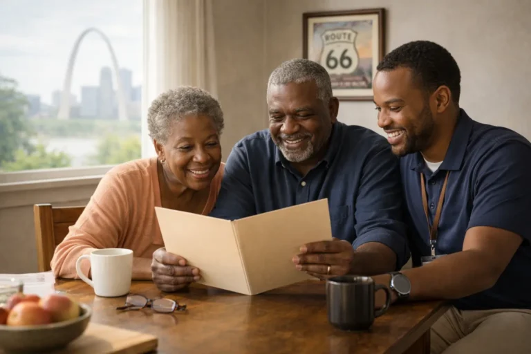 Missouri seniors meeting with a local final expense agent near the St. Louis Gateway Arch and Springfield Route 66 landmark