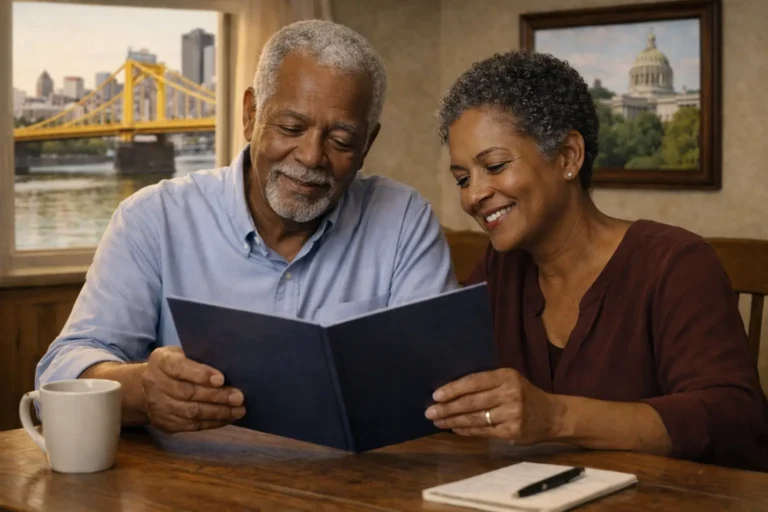 Senior couple planning ahead with Pittsburgh bridges and Harrisburg Capitol hints in the background.