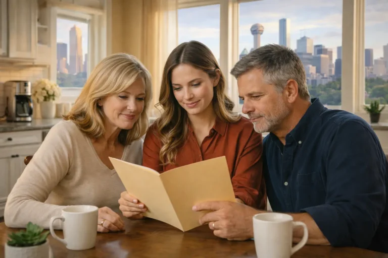 Senior couple in Texas meeting an advisor about final expense funeral life insurance with Dallas and Houston landmarks in the background.