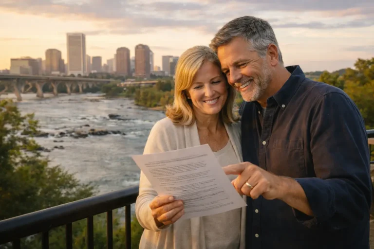 Senior couple in Richmond by the James River speaking with a friendly advisor about final expense insurance.