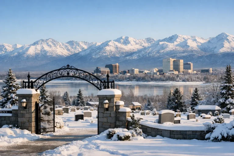 Snowy Anchorage memorial planning scene with Alaska mountains and downtown skyline