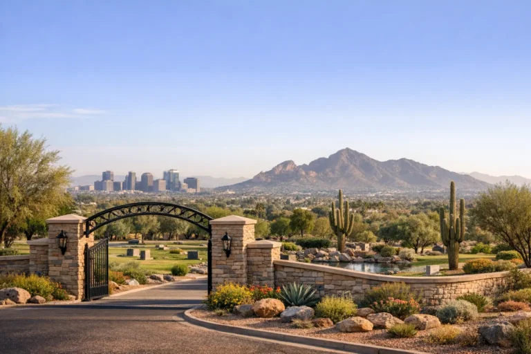 Arizona cemetery and memorial landscape with Phoenix skyline and desert mountains for a final expense insurance page