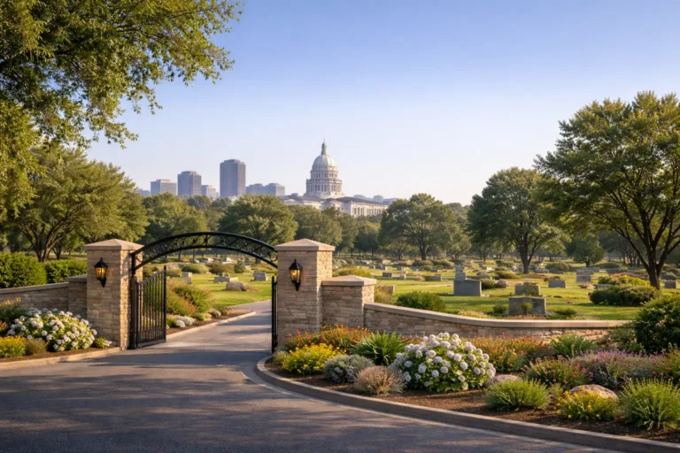 Peaceful Arkansas memorial scene with Little Rock skyline and natural landscape for a final expense insurance page