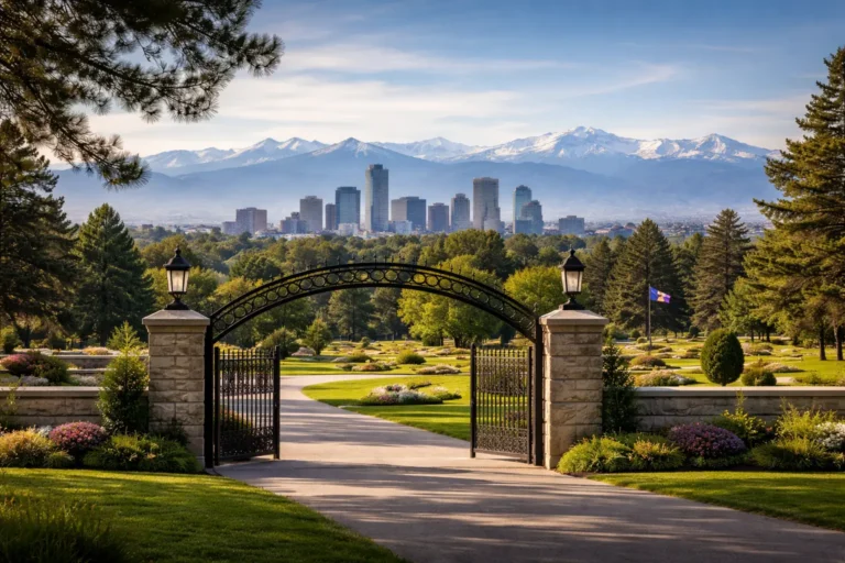 Colorado final expense insurance featured image showing a peaceful Denver skyline with the Rocky Mountains and a respectful cemetery setting