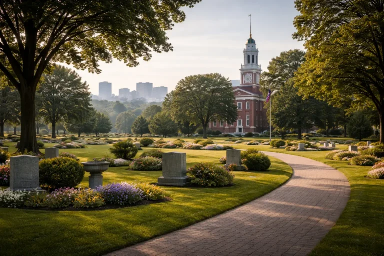 Peaceful Delaware final expense insurance scene with Wilmington skyline, Dover landmark cues, and a respectful cemetery setting