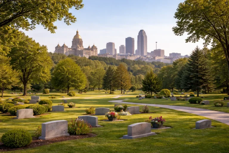 Peaceful Iowa final expense insurance scene with Des Moines skyline, Iowa State Capitol, and quiet cemetery landscape