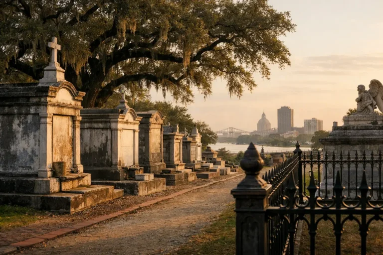 Peaceful Louisiana final expense insurance scene with New Orleans cemetery and Baton Rouge skyline feel