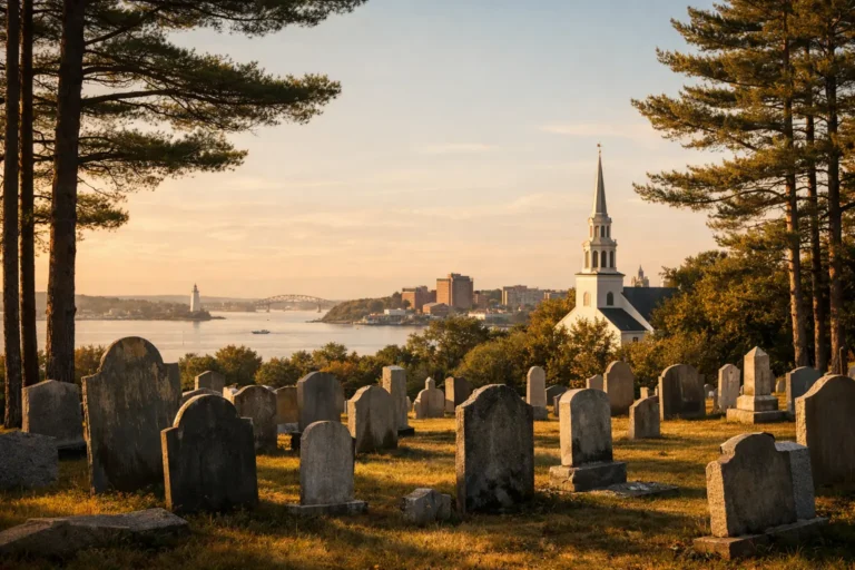 Peaceful Maine cemetery scene with local landmark character for final expense insurance page