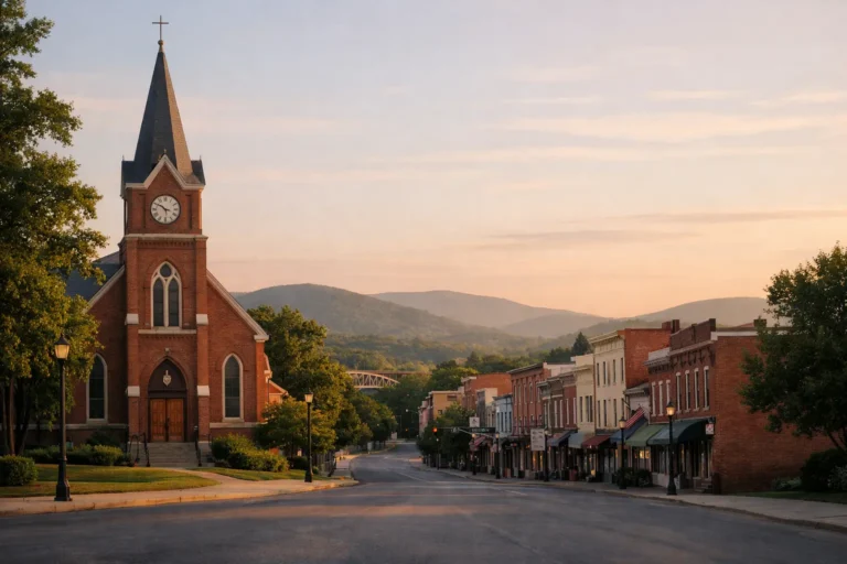 Peaceful Western Maryland small-town scene with historic church, brick downtown details, and Appalachian foothills near Hagerstown and Cumberland