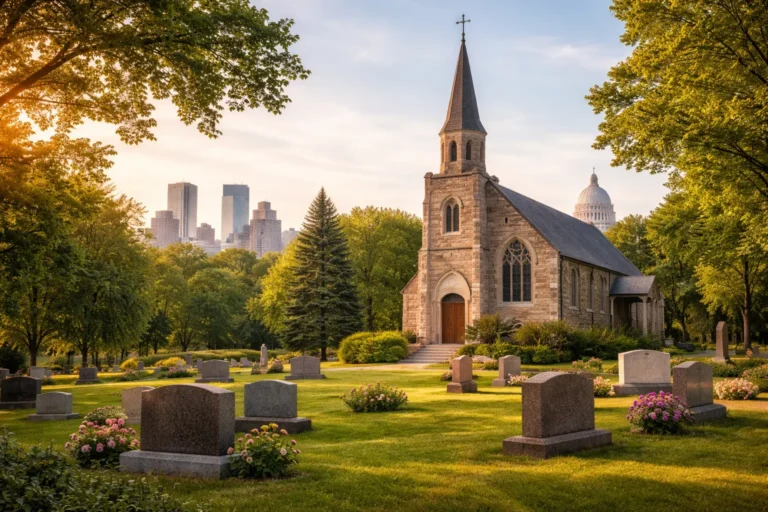 Historic Minnesota chapel with local architecture in a peaceful cemetery setting for a final expense insurance webpage