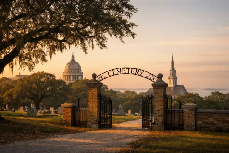 Peaceful Mississippi final expense insurance featured image with Jackson and Gulf Coast landmark character