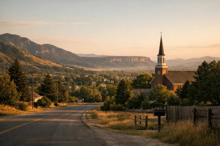 Peaceful Montana final expense insurance scene with Billings Rimrocks, Missoula mountain foothills, and a quiet cemetery gate at sunrise
