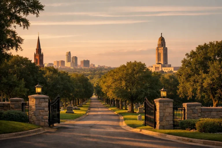 Peaceful Nebraska final expense insurance featured image with Omaha skyline, Lincoln Capitol, church steeple, and quiet cemetery entrance