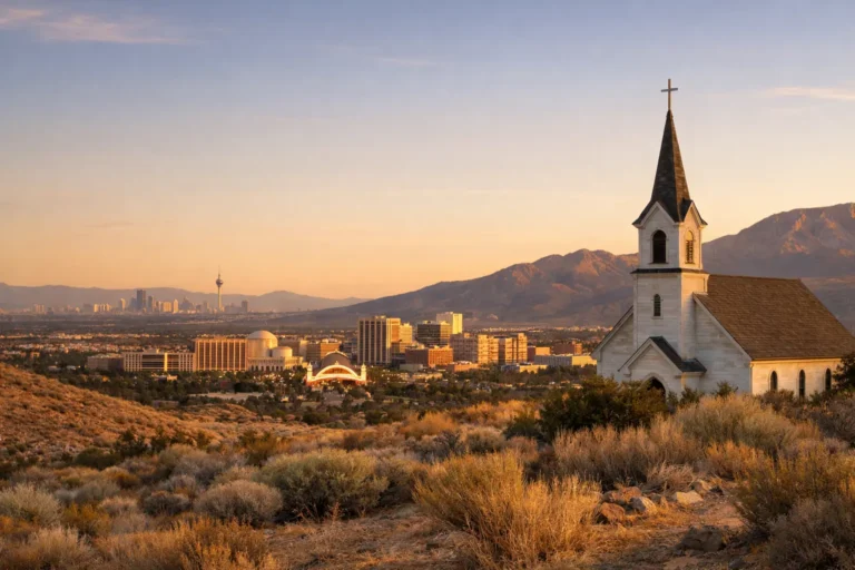 Peaceful Nevada final expense funeral insurance featured image with Las Vegas and Reno landmark character