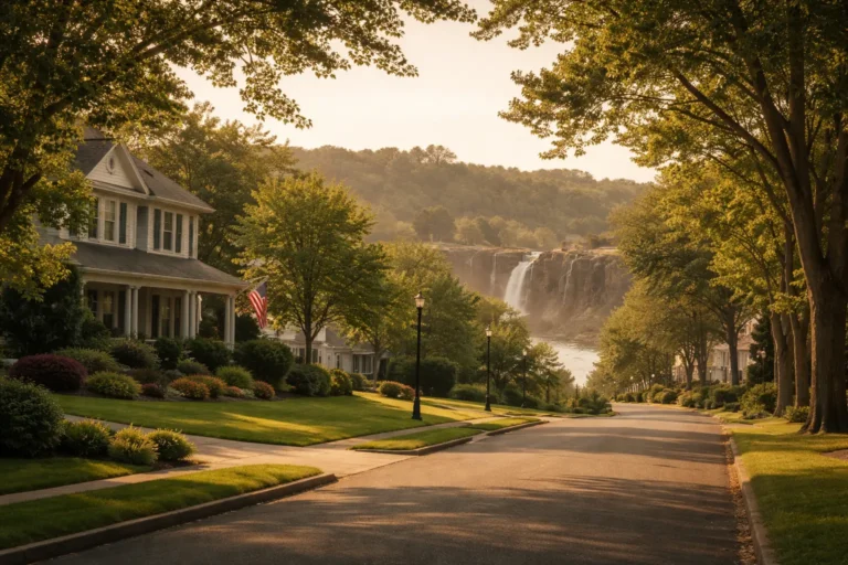 Peaceful New Jersey funeral planning image with Paterson Great Falls and a quiet Clifton neighborhood feel