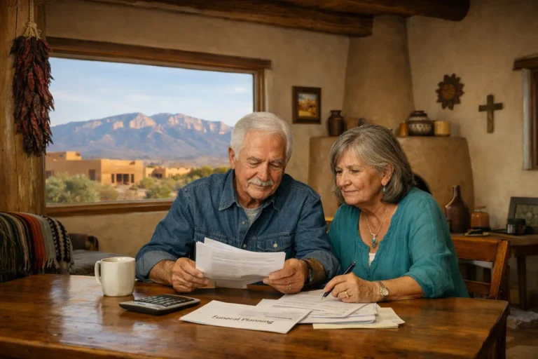 Senior couple reviewing final expense funeral life insurance papers at home with Sandia Mountains artwork and Santa Fe style adobe details