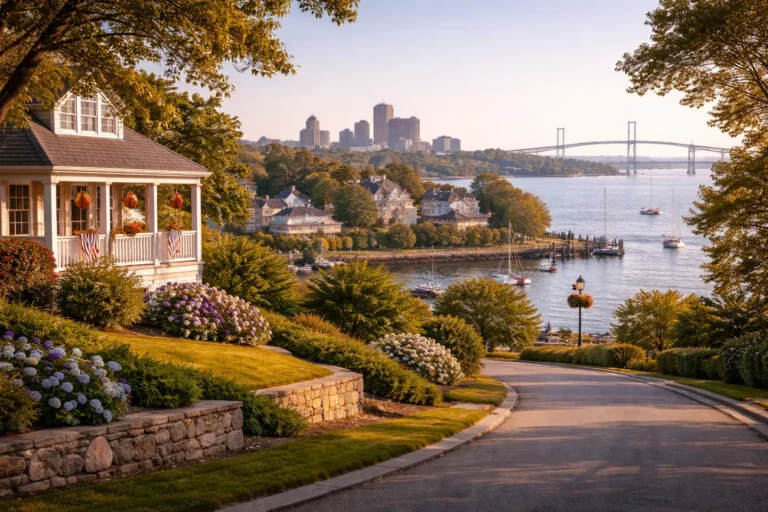 Rhode Island family discussing final expense planning near a Providence skyline view and coastal landmark setting