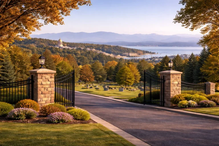 Peaceful Vermont final expense insurance featured image with Burlington skyline, State House in Montpelier, and Green Mountains in natural daylight.