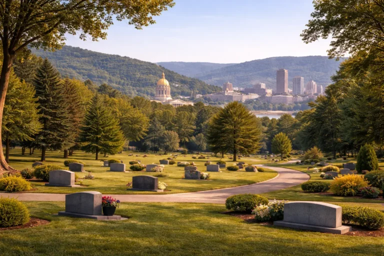 Peaceful West Virginia cemetery scene with Charleston skyline and mountain hills in natural daylight