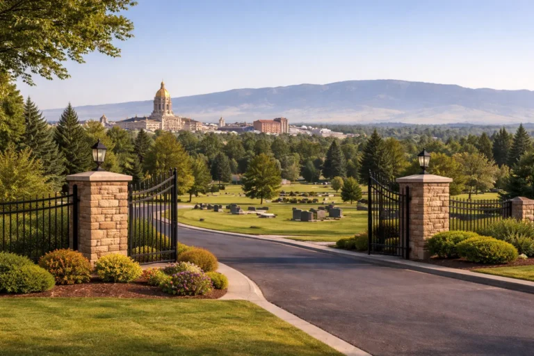 Peaceful Wyoming final expense insurance scene with Cheyenne Capitol, Casper mountain setting, and cemetery entrance in natural daylight
